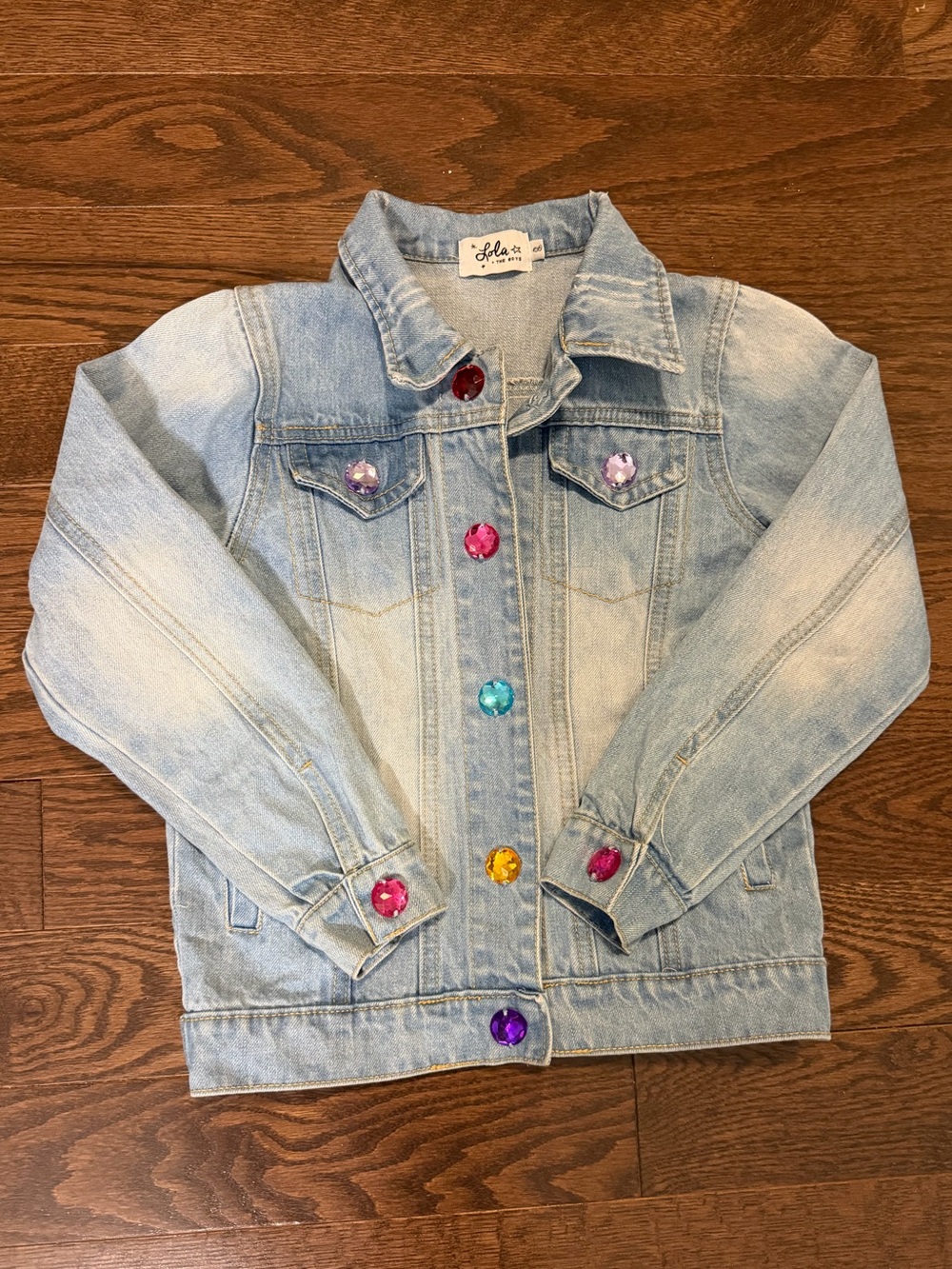 Lola + The Boys Light Blue Denim Jacket with Multicolor Gem Buttons